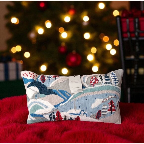 West Elm Pillow Winter Snow Scene Beaded Embellished Button Closure 20" x 11" - Picture 4 of 9